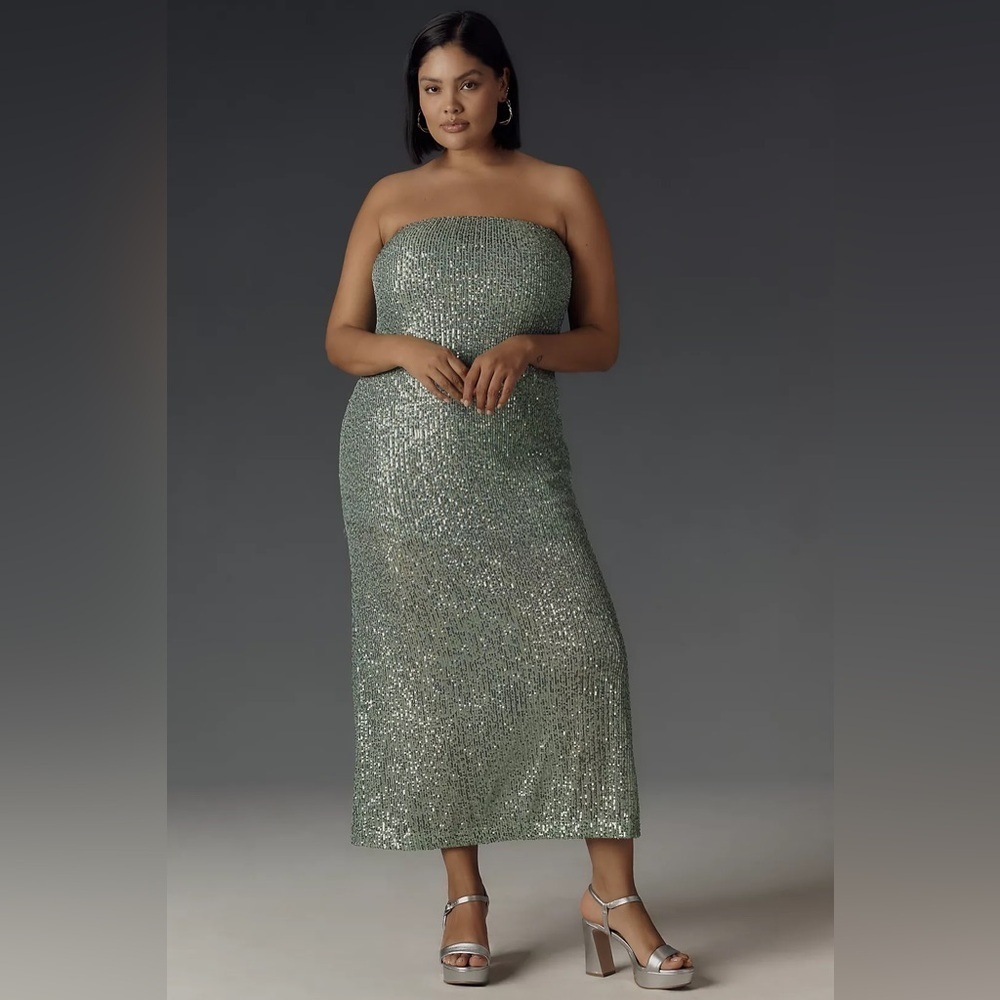 NWT!Anthro Moss Green The Fleur Strapless Satin Maxi Slip Dress: Sequin Edition🏆 - Picture 1 of 10